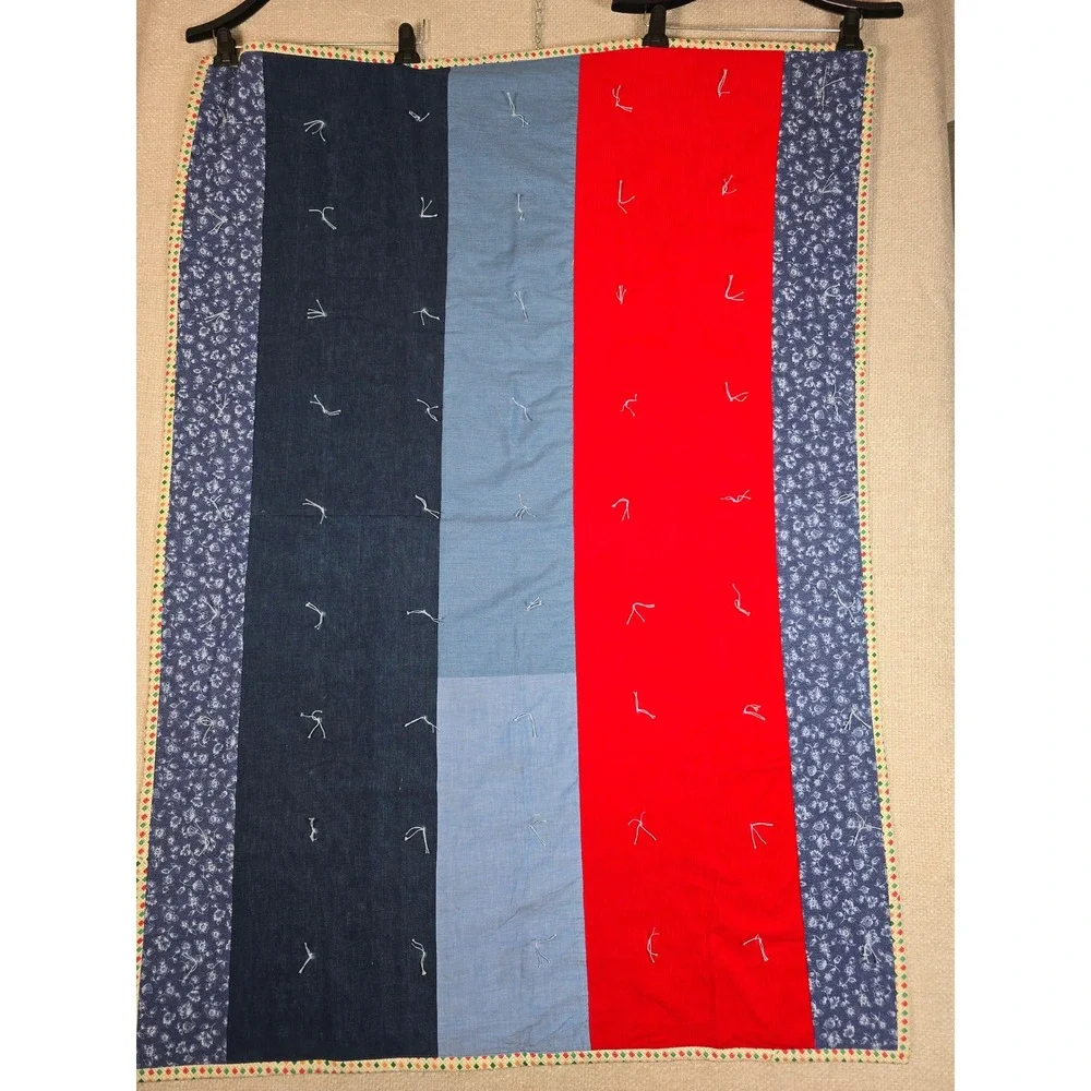 Vintage Hand Tied Denim Quilt Throw Multi Texture Patchwork Red Corduroy 41.5x58